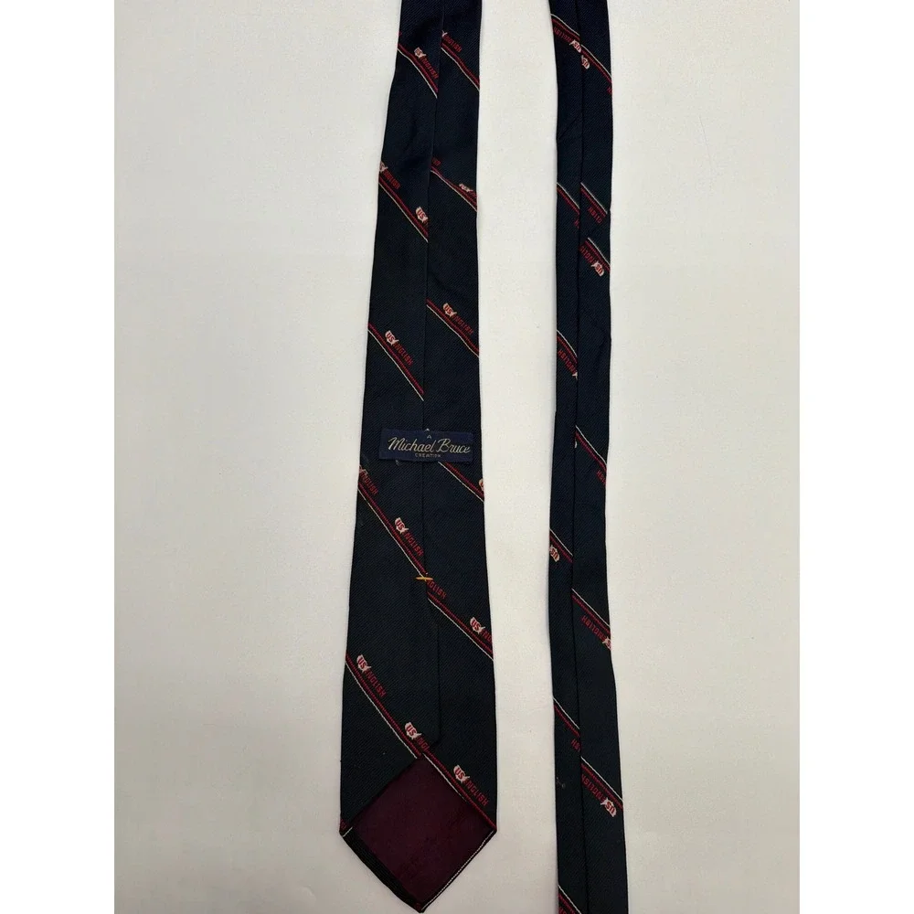 Michael Bruce Creation Mens Navy Blue US English Logo Striped Silk Blend Tie